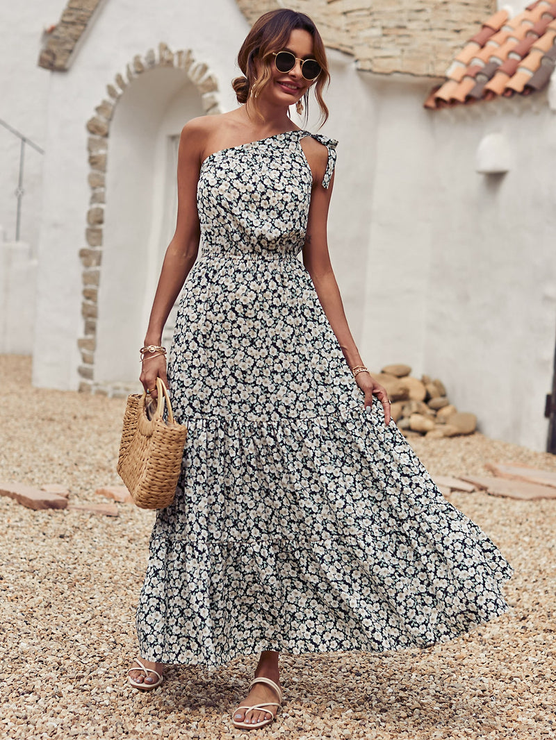 Vestido feminino longo de um ombro só, estampa floral Donatella