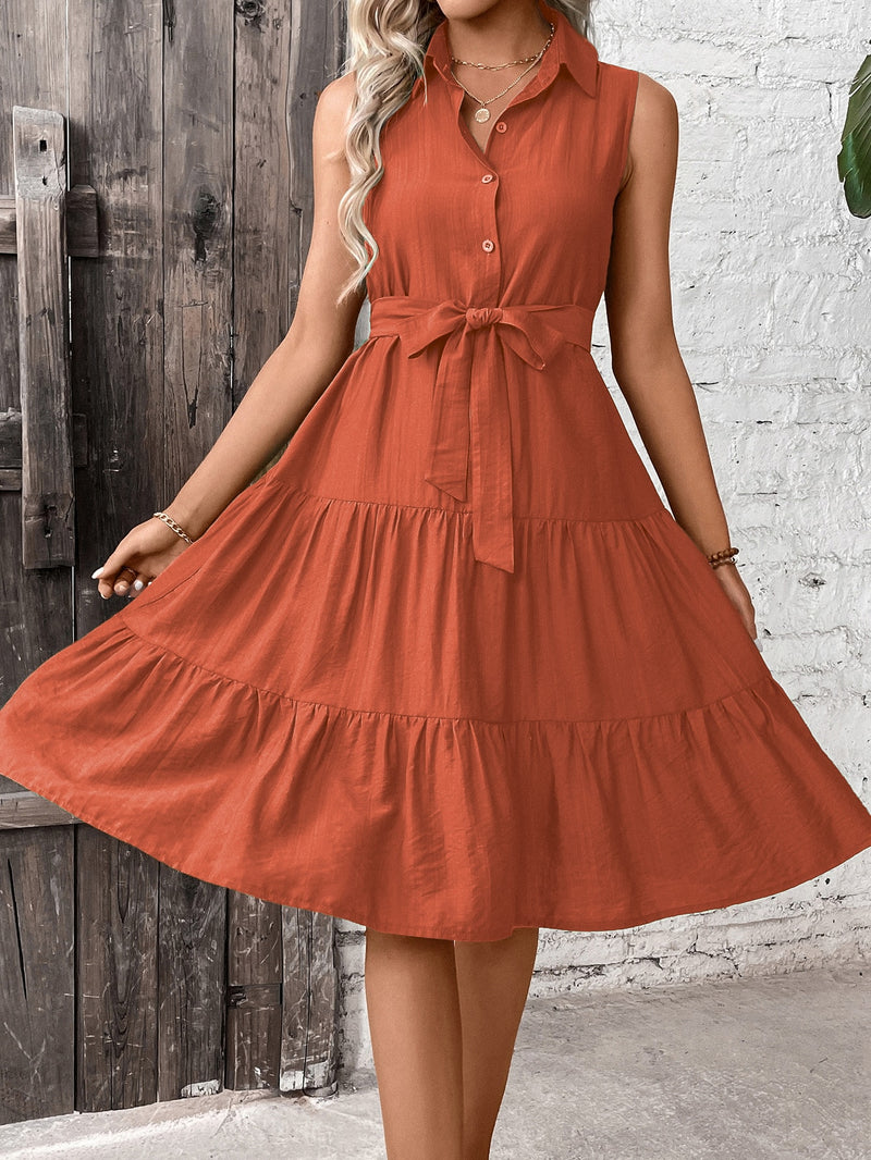 Vestido Feminino com babado com cinto com cor única Carly