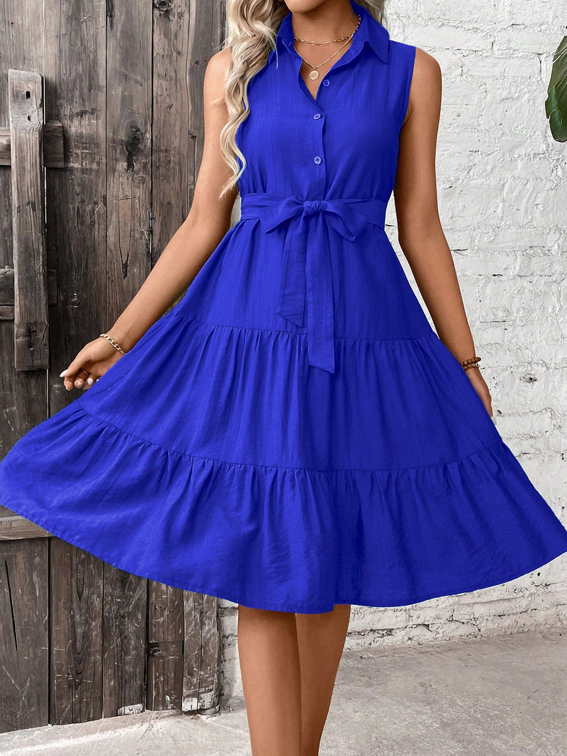 Vestido Feminino com babado com cinto com cor única Carly