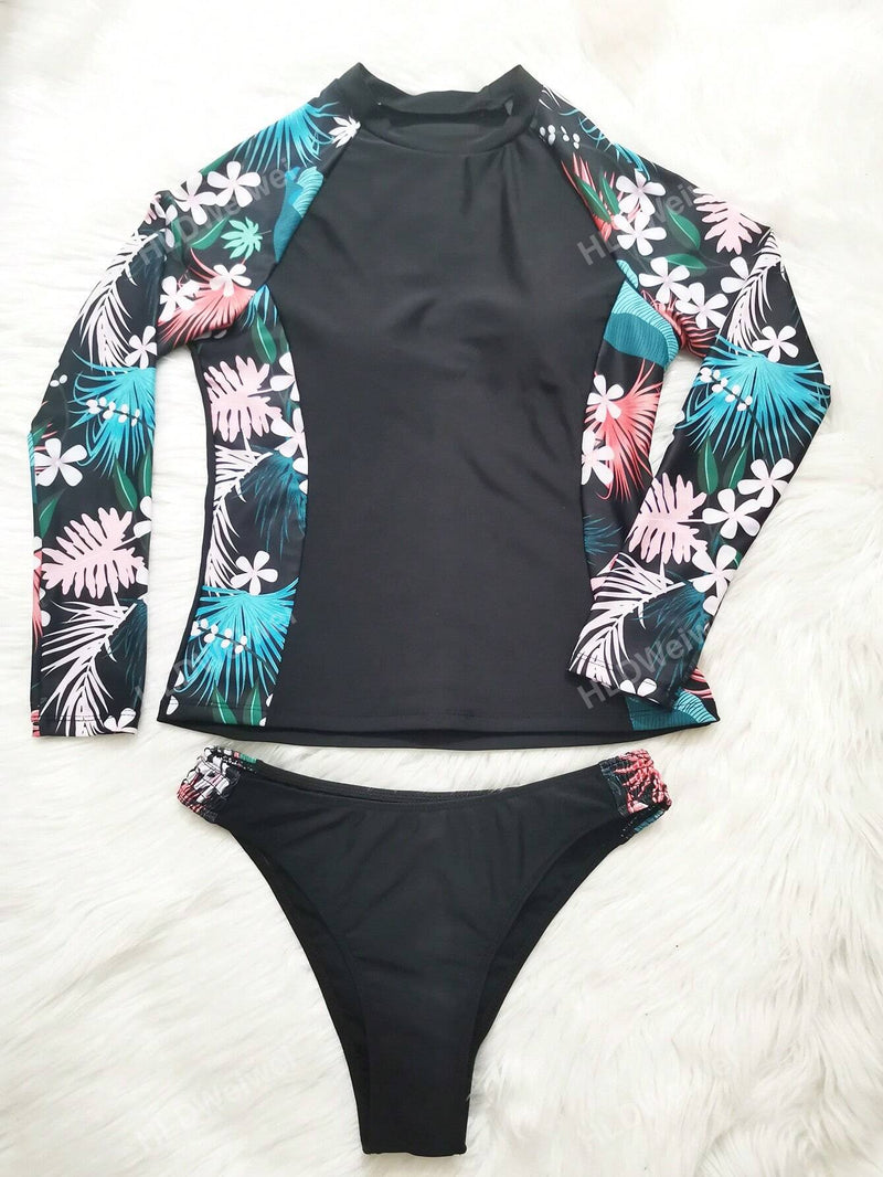 Tankini Feminino com Manga Longa, Estampa Tropical Vibrante e Mangas Raglan - Amanda