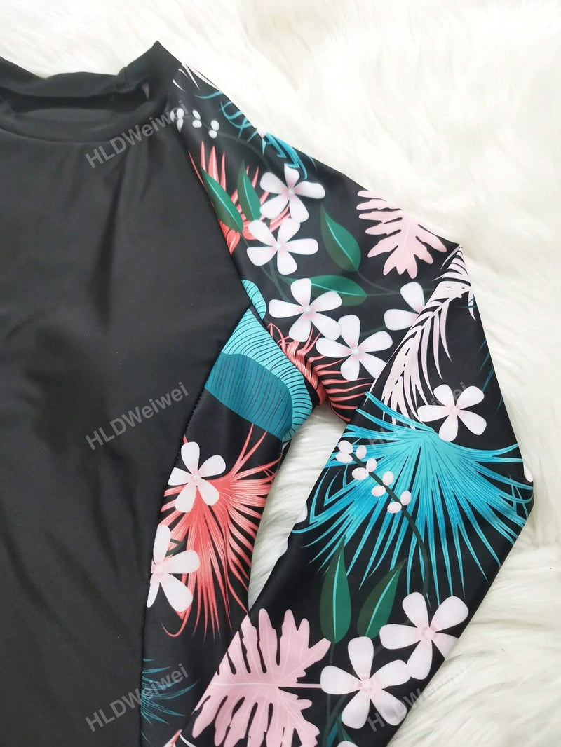 Tankini Feminino com Manga Longa, Estampa Tropical Vibrante e Mangas Raglan - Amanda