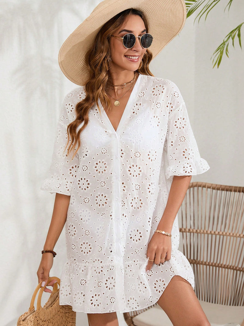 Kimono de Praia Feminino com Bordada De Ilhós Geiza