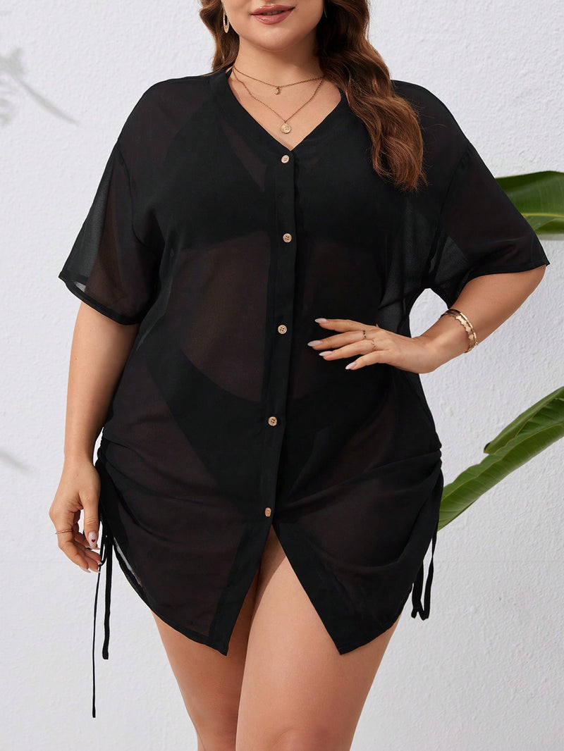 Saída de Praia Kimono feminino com Botões e Ajuste na Lateral com Cordão - Gabriela. Plus Size