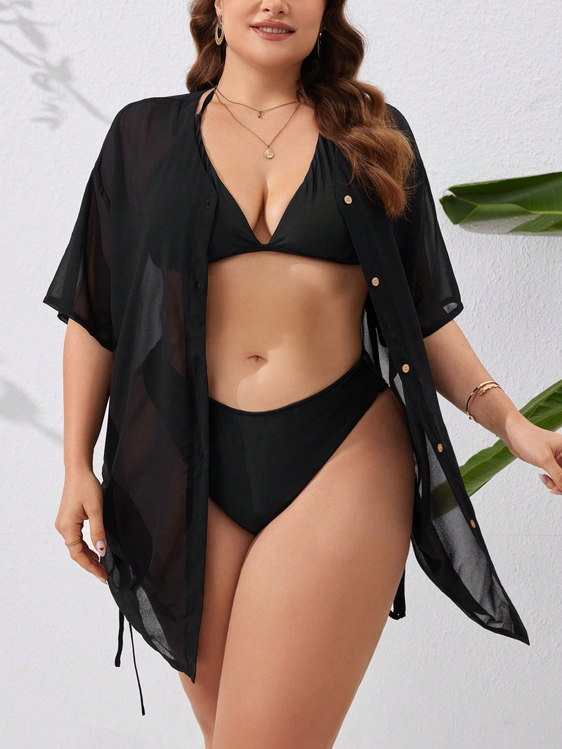 Saída de Praia Kimono feminino com Botões e Ajuste na Lateral com Cordão - Gabriela. Plus Size