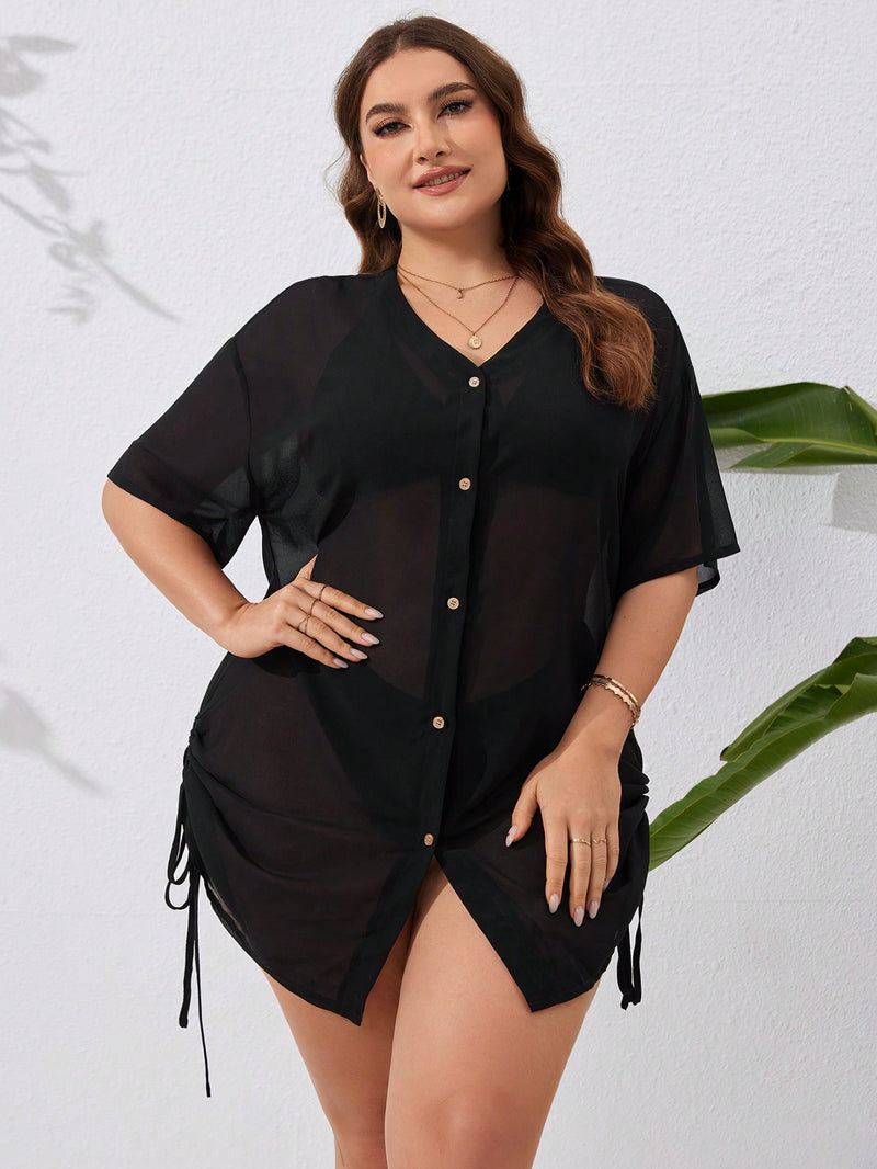 Saída de Praia Kimono feminino com Botões e Ajuste na Lateral com Cordão - Gabriela. Plus Size