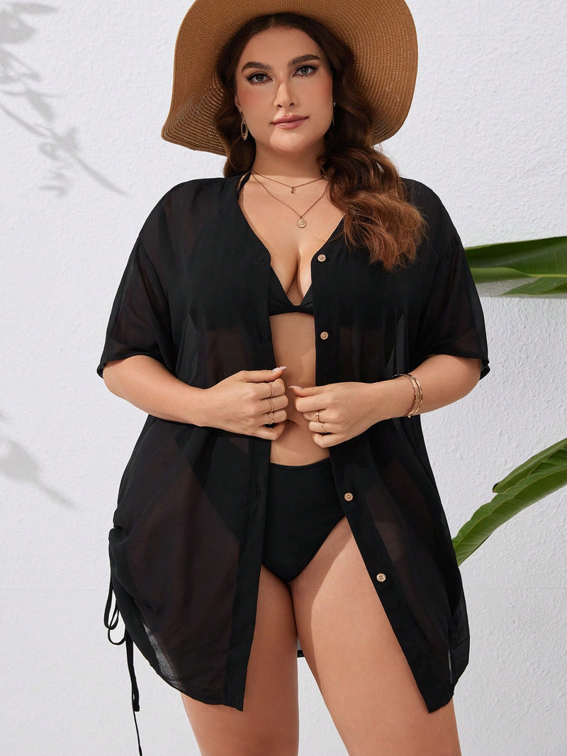 Saída de Praia Kimono feminino com Botões e Ajuste na Lateral com Cordão - Gabriela. Plus Size