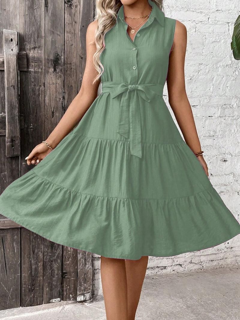 Vestido Feminino com babado com cinto com cor única Carly