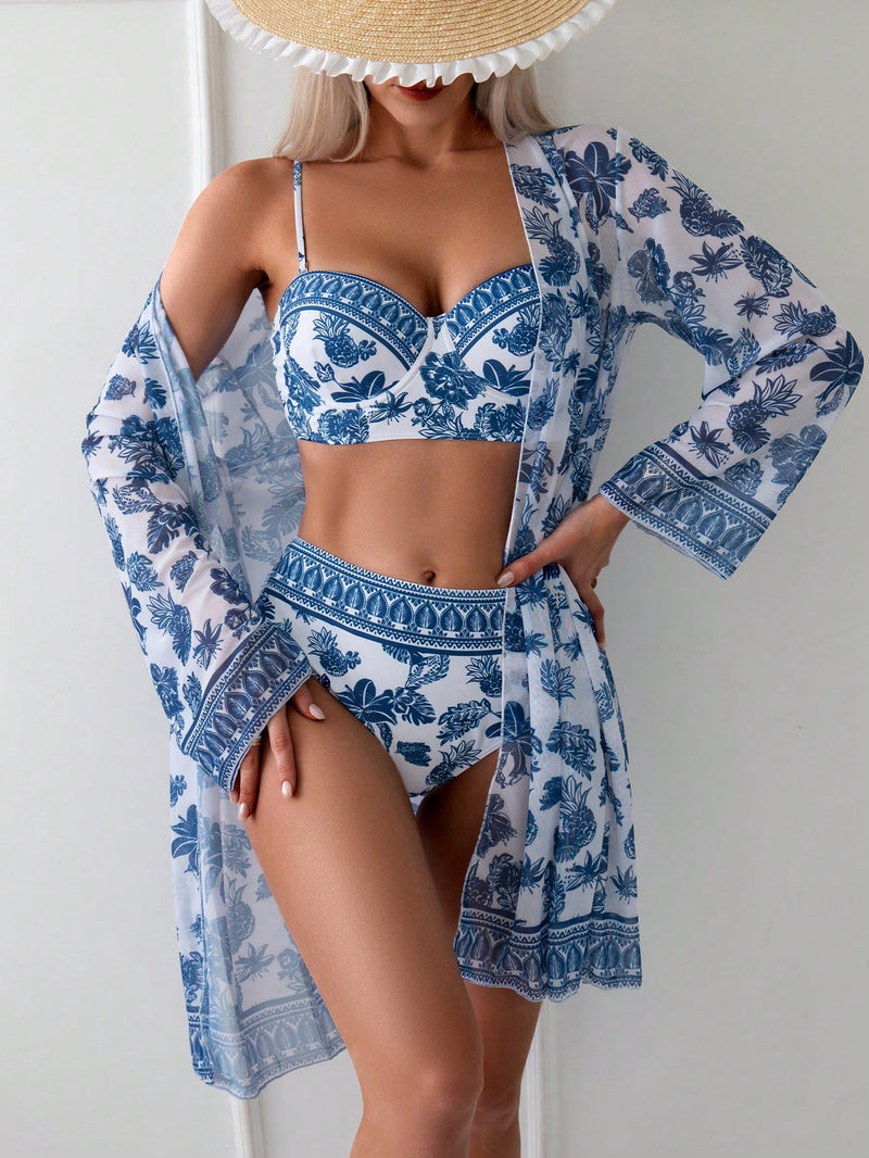 Biquíni feminino com  Kimono Estampa total Nivia