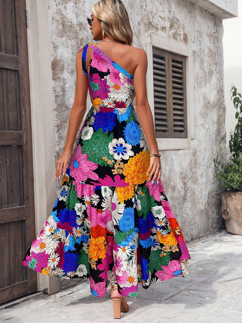 Vestido feminino longo de um ombro só, estampa floral Donatella