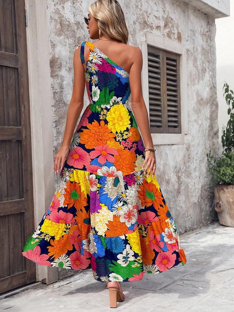 Vestido feminino longo de um ombro só, estampa floral Donatella