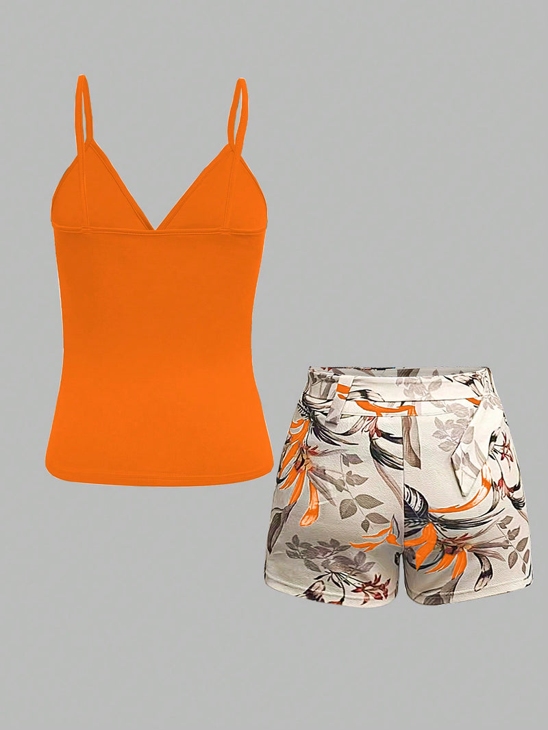 Conjunto Feminino colete halter de cor sólida e shorts estampado de planta tropical Romee