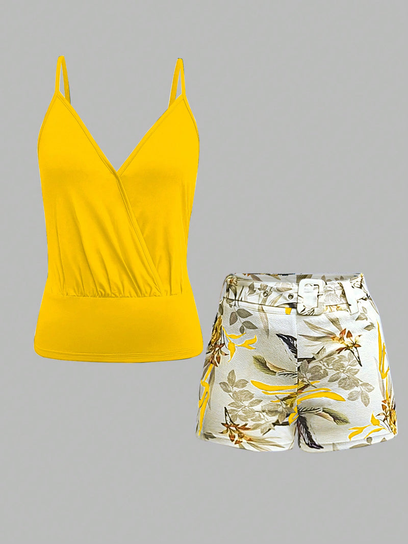 Conjunto Feminino colete halter de cor sólida e shorts estampado de planta tropical Romee