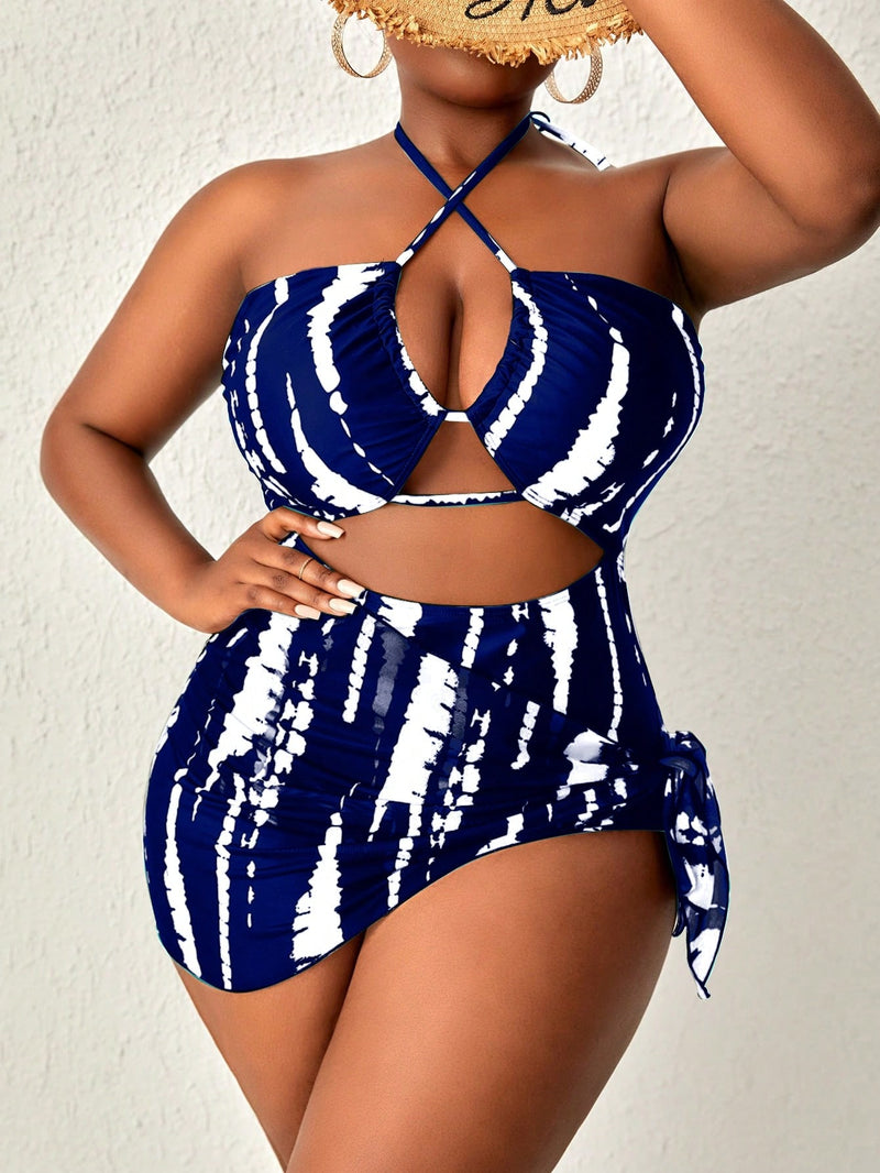 Maiô Feminino de 2 peças com cruzamento oco e estampa tie-dye, acompanhado de cobertura e saia Yelena Plus size