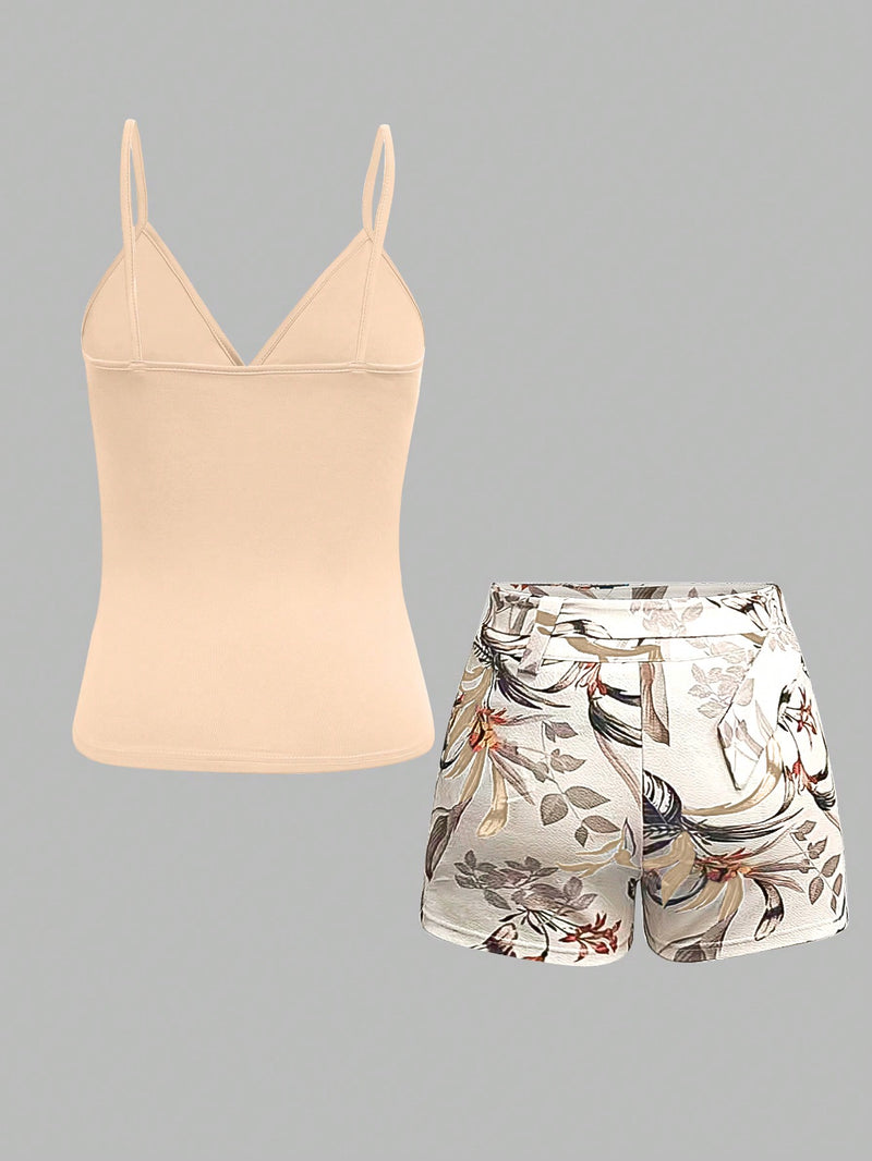 Conjunto Feminino colete halter de cor sólida e shorts estampado de planta tropical Romee