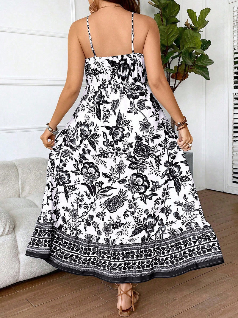 Vestido feminino comprido com estampas botânicas. Plus Size