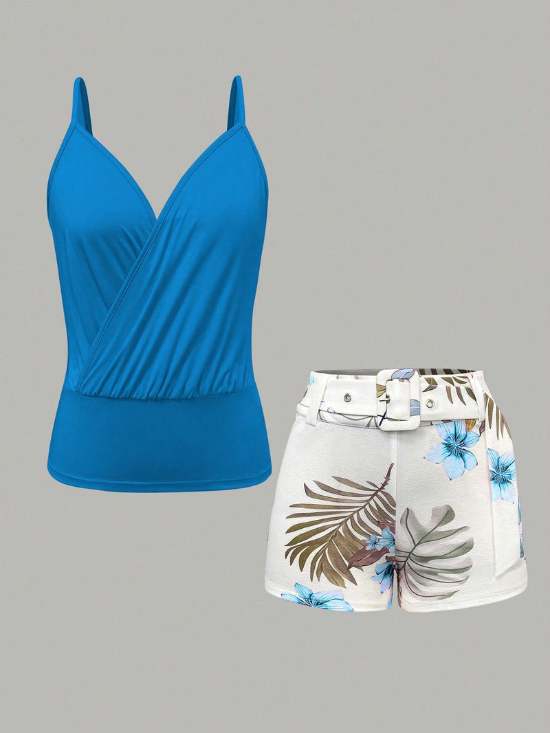 Conjunto Feminino colete halter de cor sólida e shorts estampado de planta tropical Romee