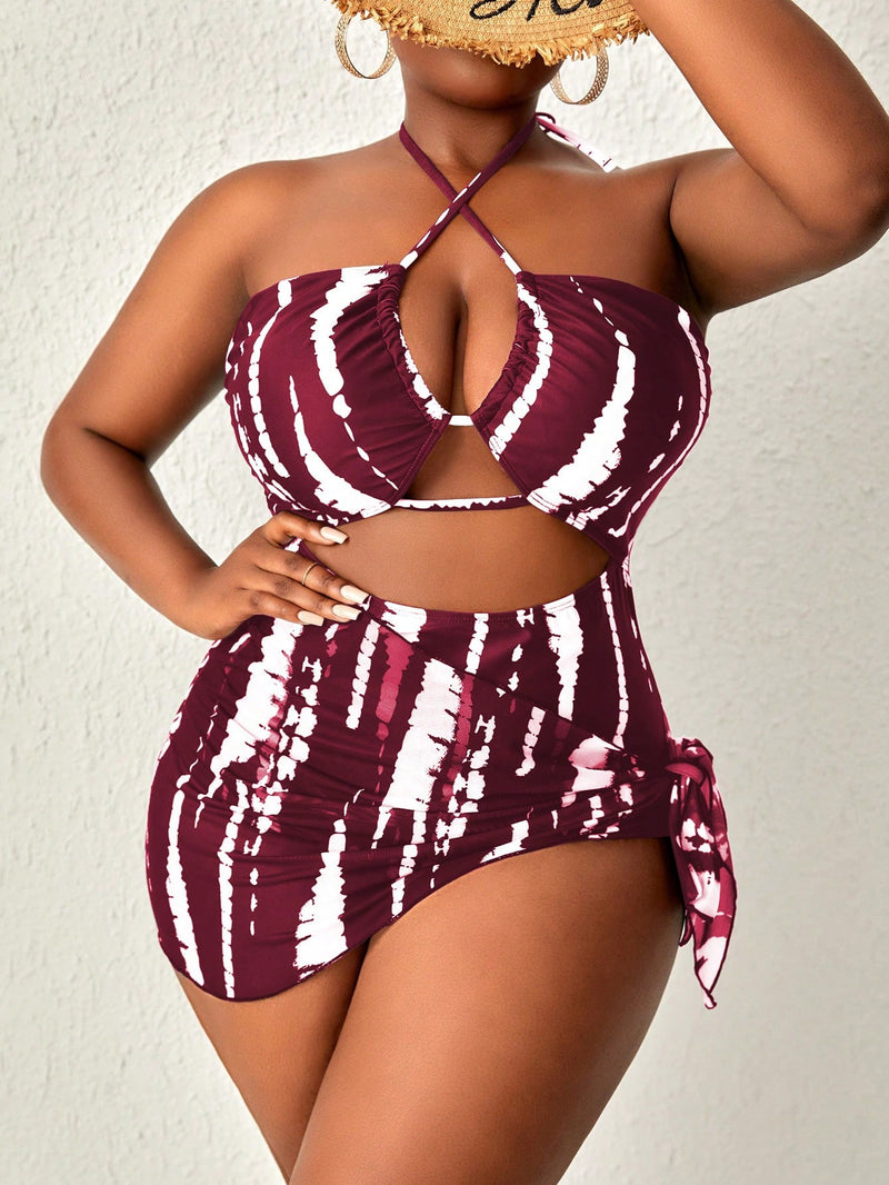 Maiô Feminino de 2 peças com cruzamento oco e estampa tie-dye, acompanhado de cobertura e saia Yelena Plus size