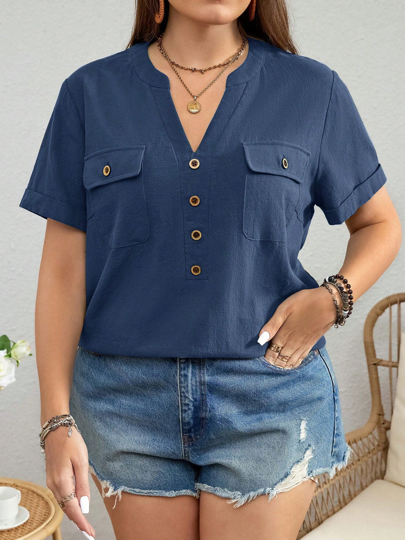 Camisa Feminina Folgada com Decote V Chanfrado Maitê. Plus Size