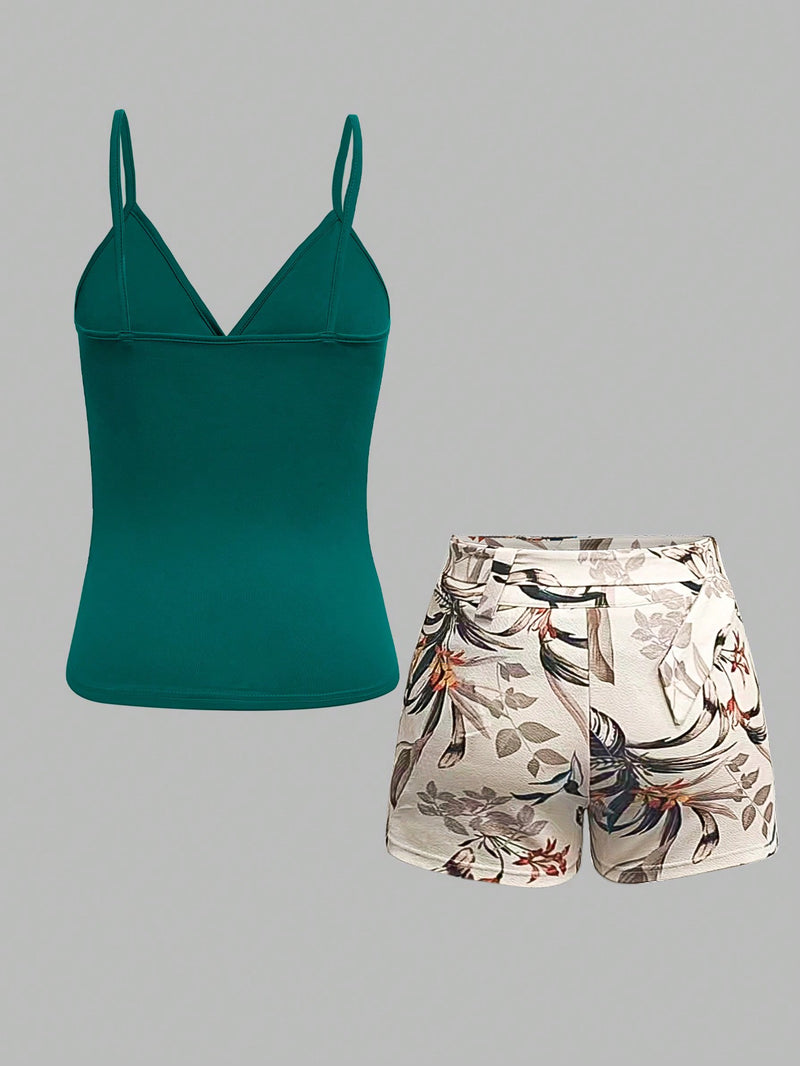 Conjunto Feminino colete halter de cor sólida e shorts estampado de planta tropical Romee