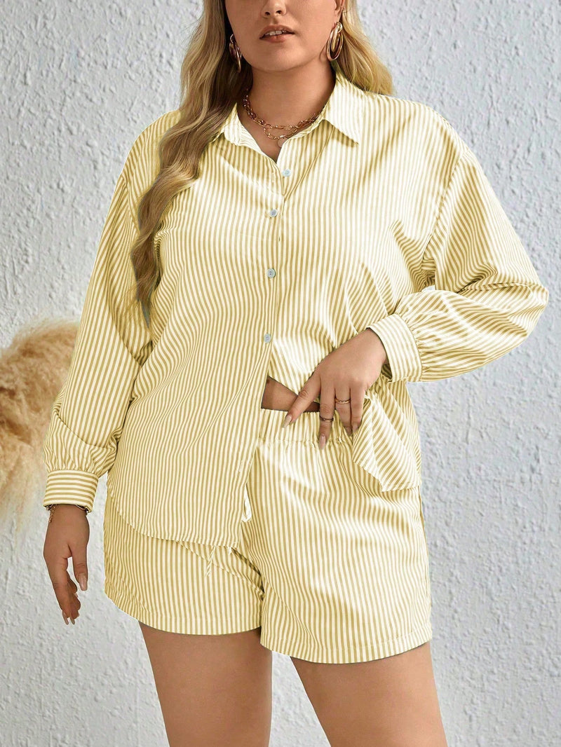 Conjunto de duas peças camisa listrada de manga longa e shorts Veronica Plus size