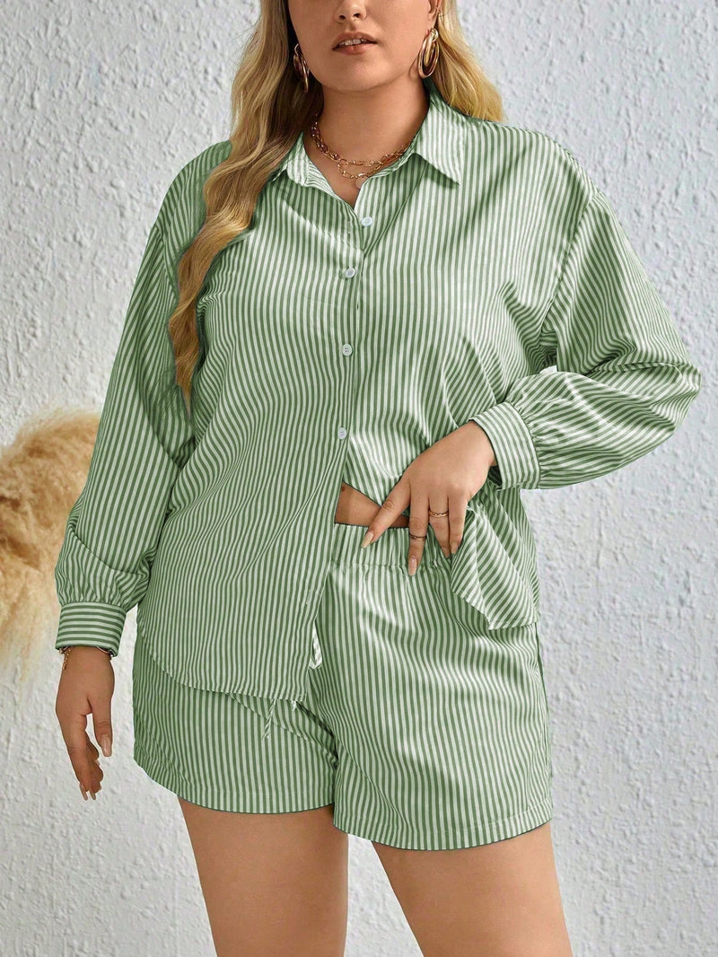 Conjunto de duas peças camisa listrada de manga longa e shorts Veronica Plus size