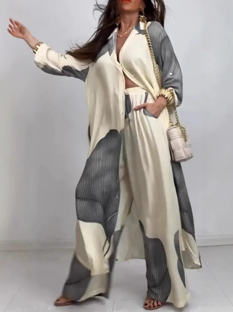 Conjunto feminino camisa longa calças de perna larga - Eloíza