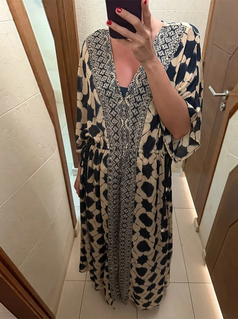 Vestido Feminino  com decote em V frisado cintura elástica - Letícia