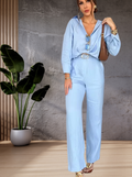 Conjunto Feminino Blusa Gola Polo e calças de perna larga - Mireya