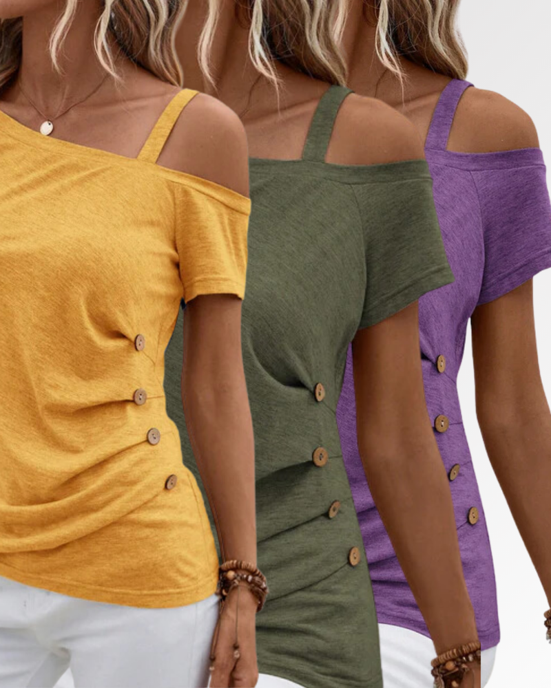 Camiseta Feminina Gola Assimétrica Detalhe Do Botão