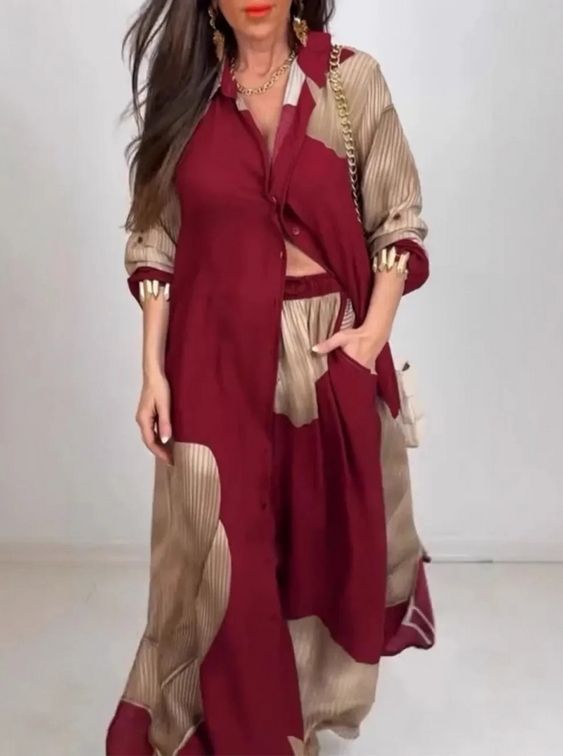 Conjunto feminino camisa longa calças de perna larga - Eloíza