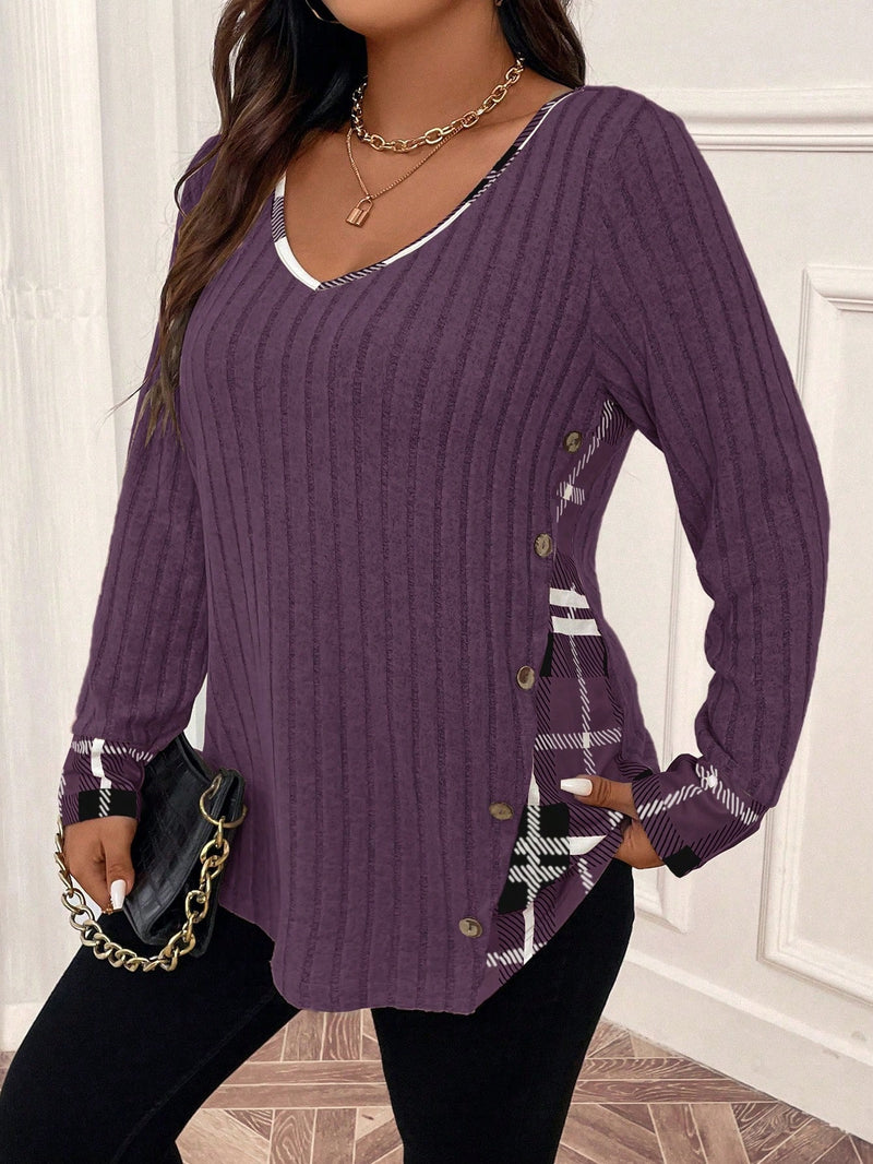Blusa Feminina canelada com contraste xadrez. Plus Size