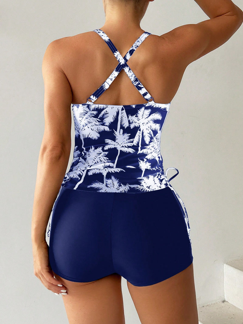 Tankini estampado com Palmas e com amarração lateral