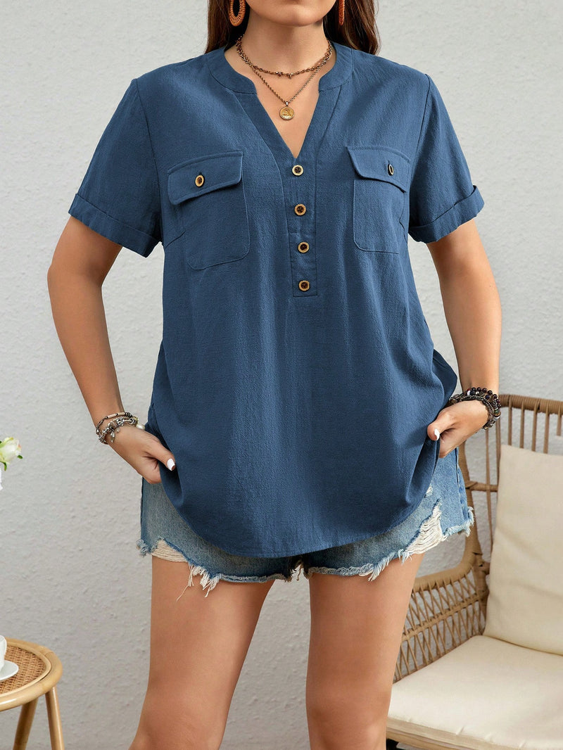 Camisa Feminina Folgada com Decote V Chanfrado Maitê. Plus Size
