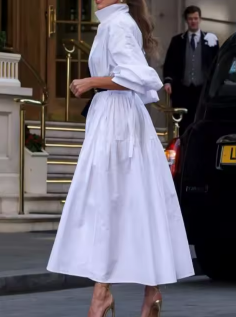 Vestido Feminino manga longa botão para baixo Elegante De Bolso Maxi - Lorena