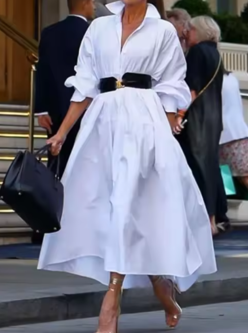 Vestido Feminino manga longa botão para baixo Elegante De Bolso Maxi - Lorena