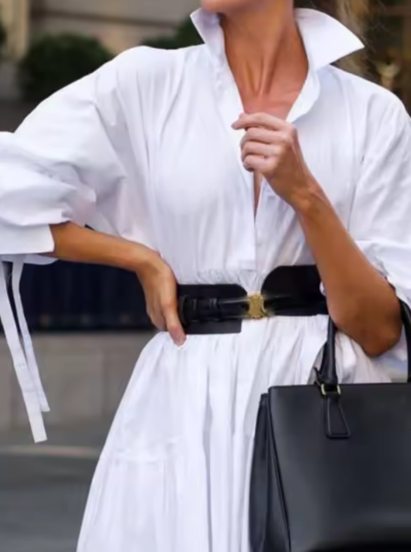 Vestido Feminino manga longa botão para baixo Elegante De Bolso Maxi - Lorena