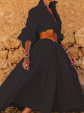Vestido Feminino manga longa botão para baixo Elegante De Bolso Maxi - Lorena