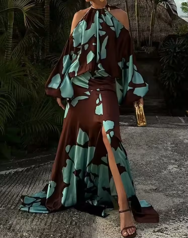 Vestido Feminino estampado ombro a ombro com fenda - Giulia