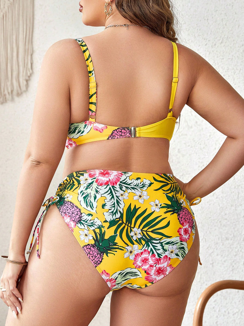 Bikini Feminino Detalhes Cruzado Com nó lateral Maraia Tropical.Plus Size.