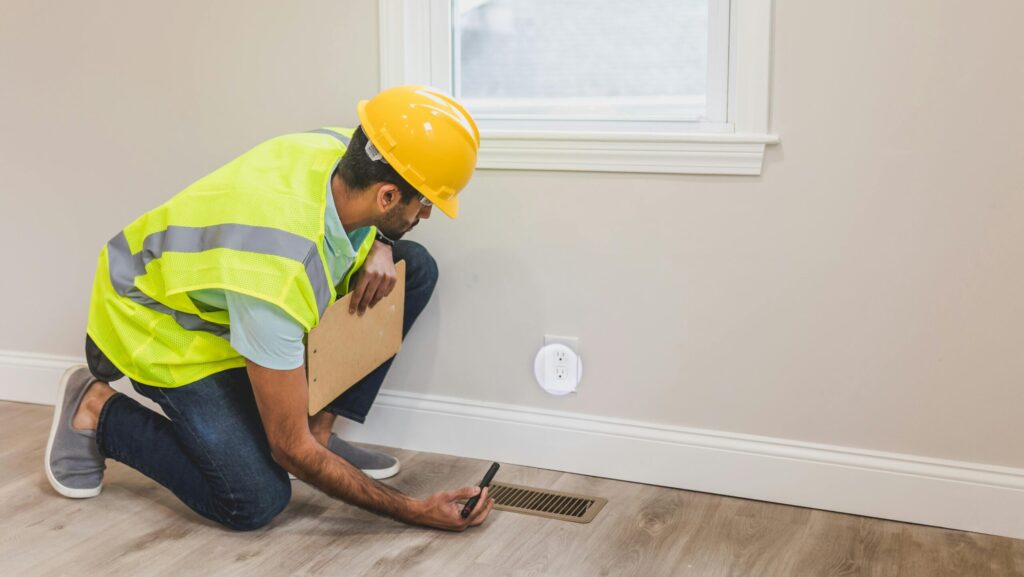 A construction worker in a hard hat inspects a floor vent indoors, ensuring quality and safety standards.