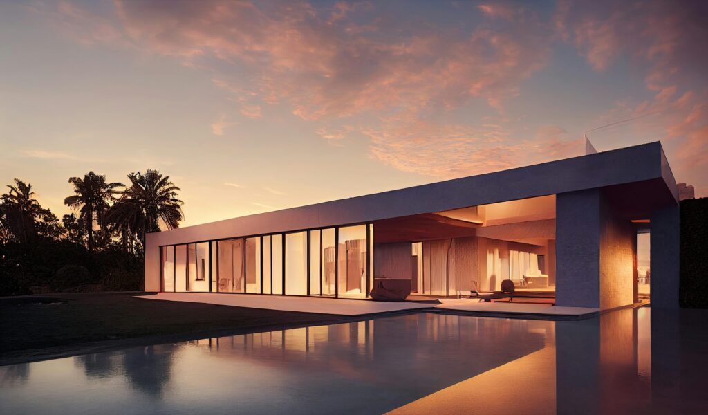Elegant modern villa with poolside view reflecting a stunning sunset sky.